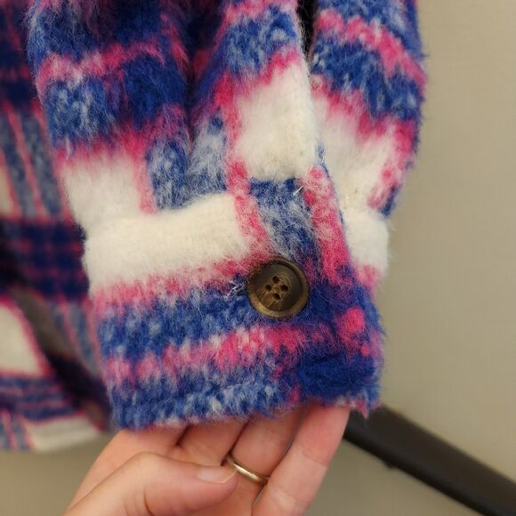 STEVE MADDEN NYC Pink & Blue Plaid Jacket Long Oversized Coat Shacket Sz M City - Picture 3 of 9